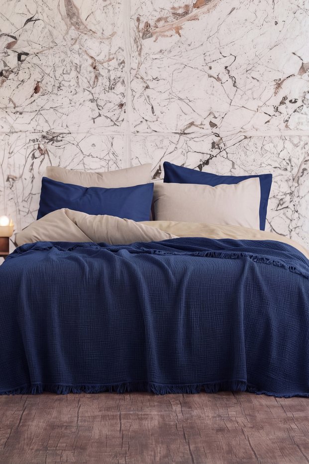 Navy Blue 4 Layer Muslin 100% Cotton Pique - Bedspread - Tv Blanket
