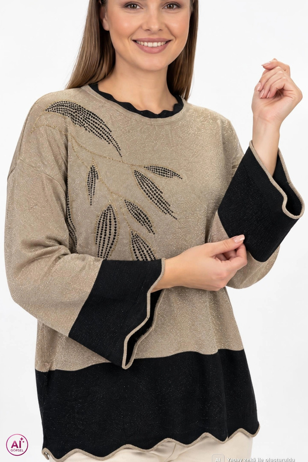 Women's Mink Crew Neck Slim Knitwear Blouse with Leaf Crystal Stones and Glitter