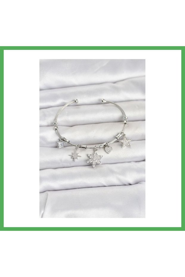 Brass Silver Color Lotus Detail Charm Women's Bracelet Bezoss