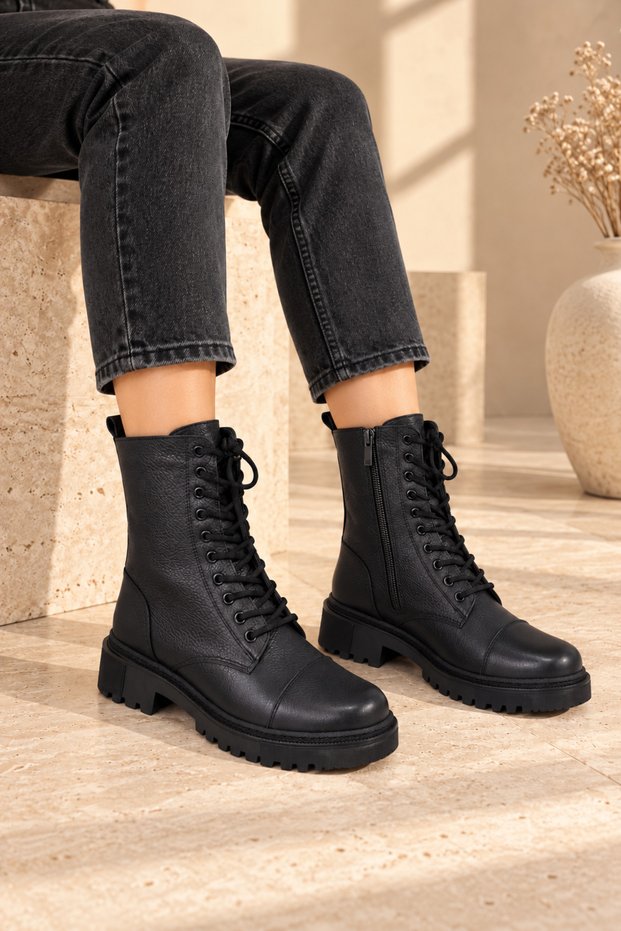 Women's Black Genuine Leather Women's Boots with Front Stitching Detail, Lace-Up, Zippered, Thick Soled, Daily Wear R