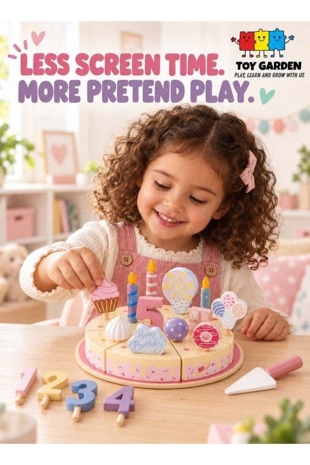 Birthday Party Cake Toys Wooden Play Food Set for Kids and Toddlers Play Kitchen Toys