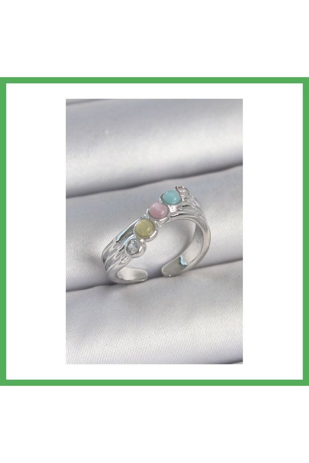 Brass Silver Color Zircon Stone Detailed Colorful Enamel Adjustable Women's Ring Bezoss