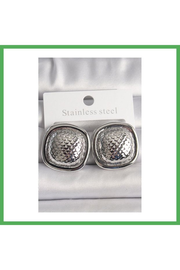 Brass Silver Color Embroidered Square Model Women's Earrings Bezoss