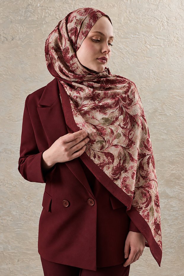 Burgundy Fresco Pattern Kraş Shawl