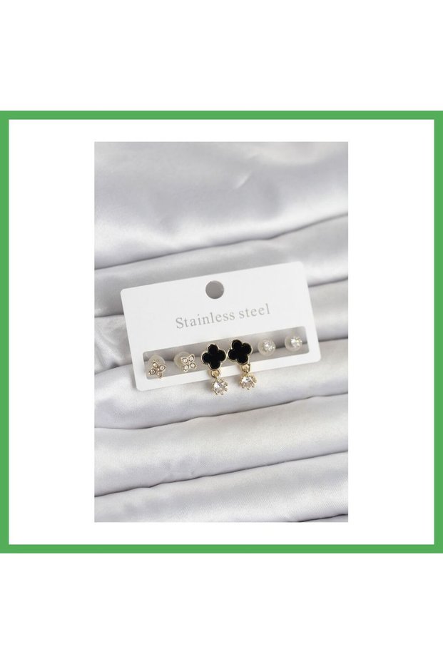 316L Steel Gold Color Clover Detailed Women's Earring Set Bezoss