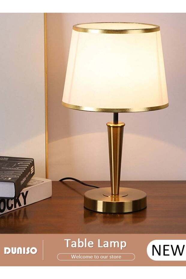 DUNISO Modern Bedside Lamp Simple Desk Lamp,Metal Table Lamp,Bedroom Lamp Electroplated Brass Stem