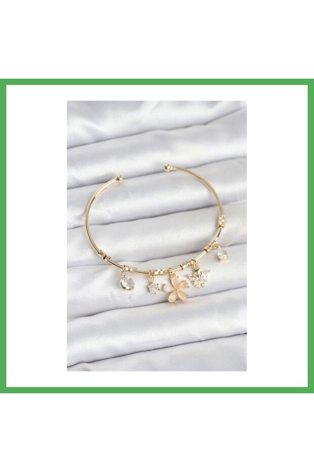 Gold Color Brass Women's Bracelet with Flower and Butterfly Charms Bezoss
