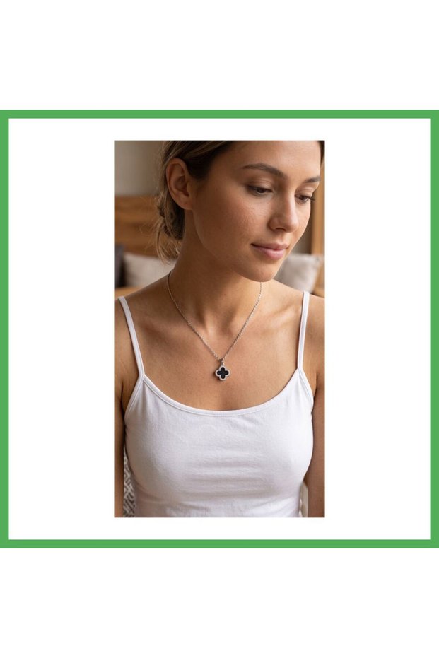 316L Steel Silver Color Black Enamel Zircon Stone Clover Figured Necklace Bezoss