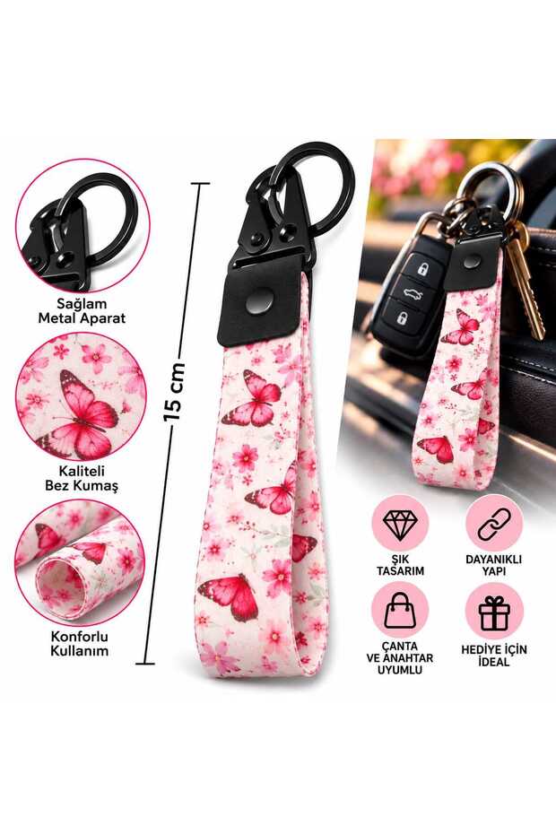 Pink Butterfly Patterned 15 cm Fabric Keyring Quality Auto-Moto Accessory Double-Sided Printing