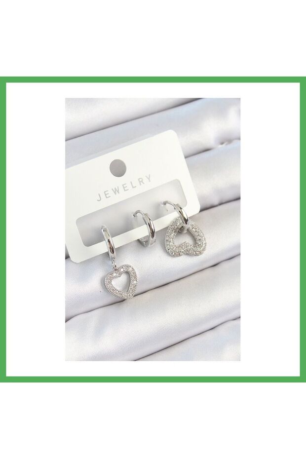 Brass Zircon Stone Model Silver Color 3-Piece Double Women's Earring Set Bezoss