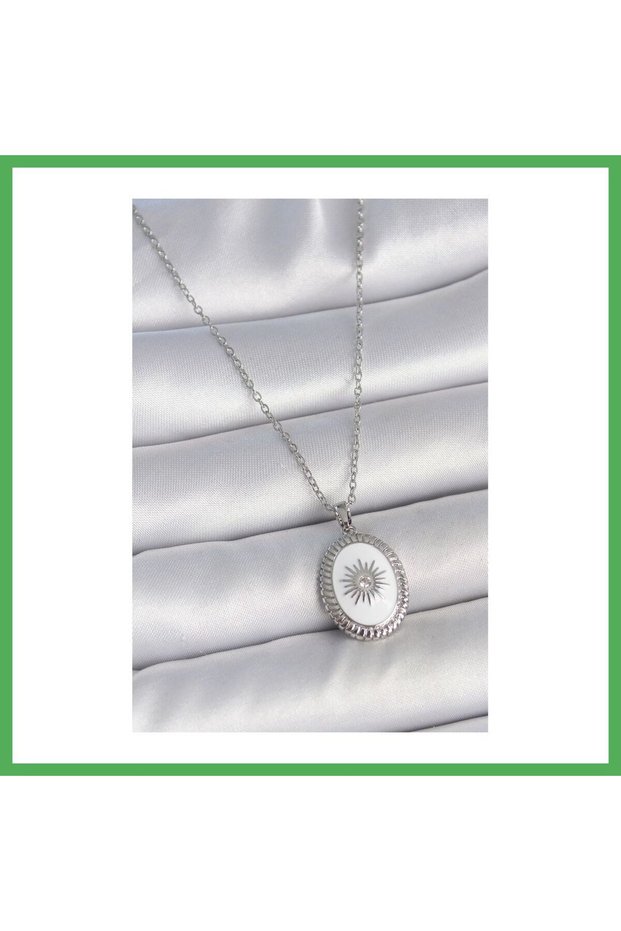 316L Steel Silver Color White Enamel Sun Embroidered Evil Eye Bead Detail Medallion Bezoss