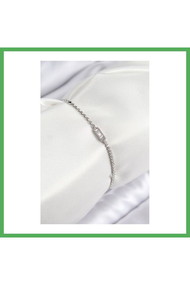 Brass Zircon Stone Rectangular Model Crushed Chain Silver Color Women's Bracelet Bezoss
