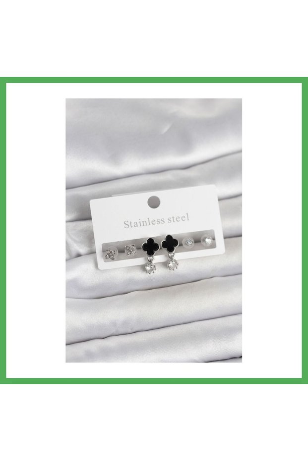 316L Steel Silver Color Clover Detailed Women's Earring Set Bezoss