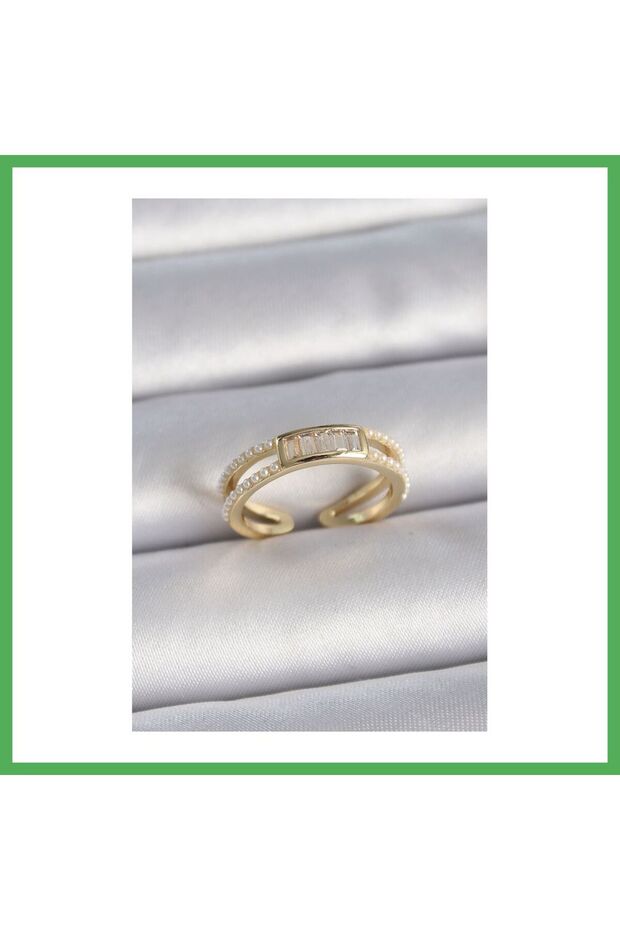 Brass Gold Color Adjustable Women's Ring with Pearl and Zircon Stone Detail Bezoss