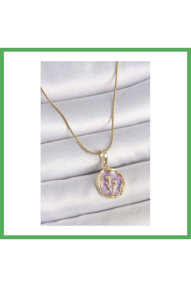 316L Steel Gold Color Chain Purple Enamel Flower Embroidered Portrait Model Women's Necklace Bezoss