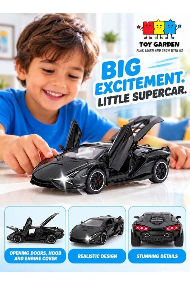 Diecast Hybrid Supercar Metal Model Car with Light and Sound, Black Pull Back Toy Car