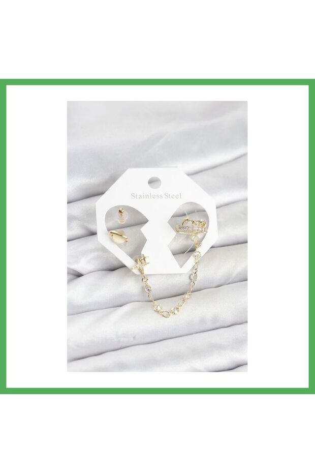 Brass Gold Color Space Model Chain Linked Ear Cuff Earring Set Bezoss