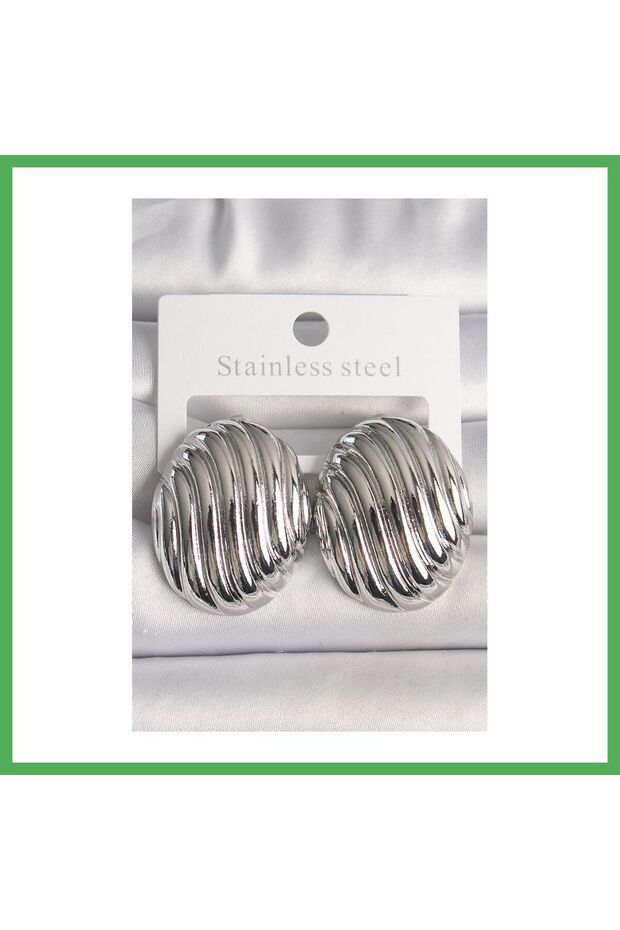 Brass Silver Color Embroidered Oval Model Women's Earrings Bezoss