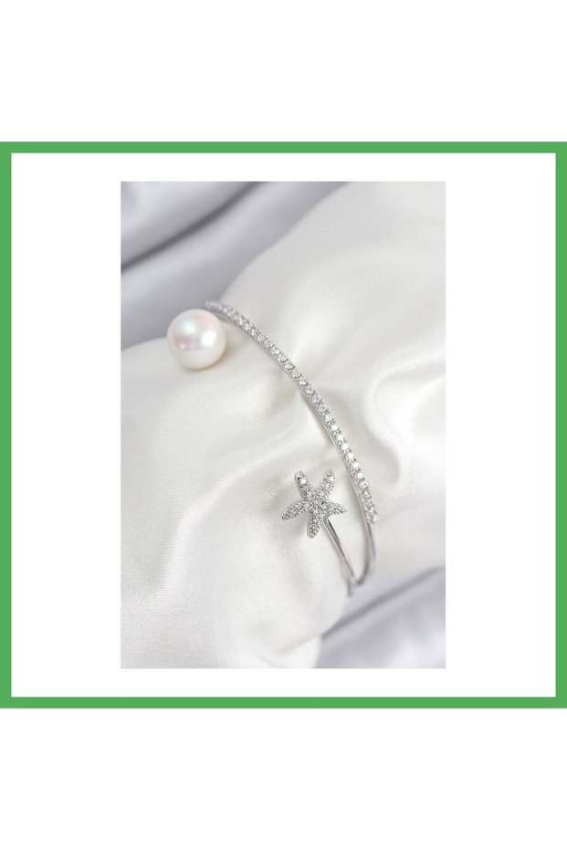 Brass Zircon Stone Star and Pearl Model Silver Color Women's Bracelet Bezoss