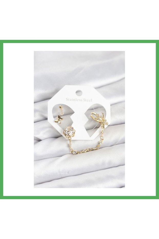 Brass Gold Color Butterfly Model Chain Linked Ear Cuff Earring Set Bezoss