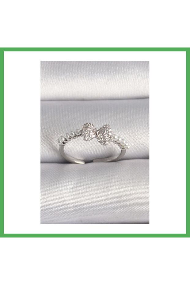Brass Silver Color Zircon Stone Bowknot Pearl Detail Adjustable Ring Bezoss