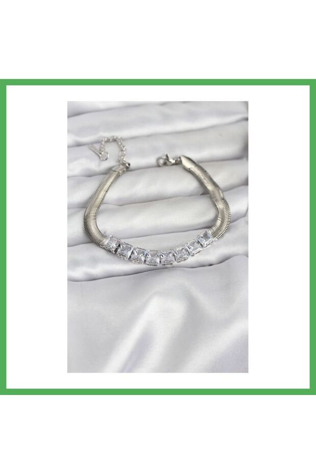 316L Steel Silver Color Square Zircon Stone Snake Chain Women's Bracelet Bezoss