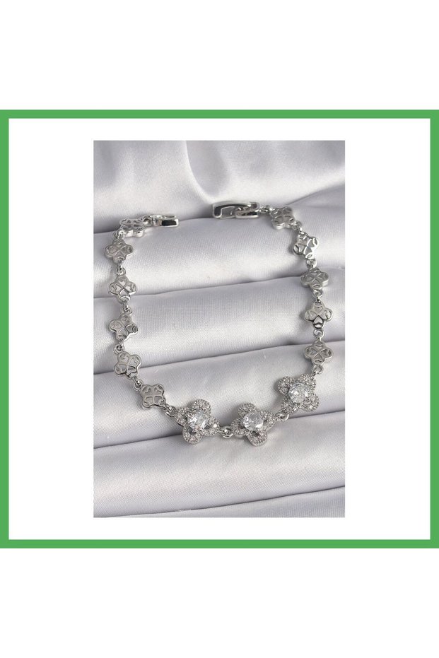 Brass Silver Color Zircon Stone Clover Model Women's Bracelet Bezoss