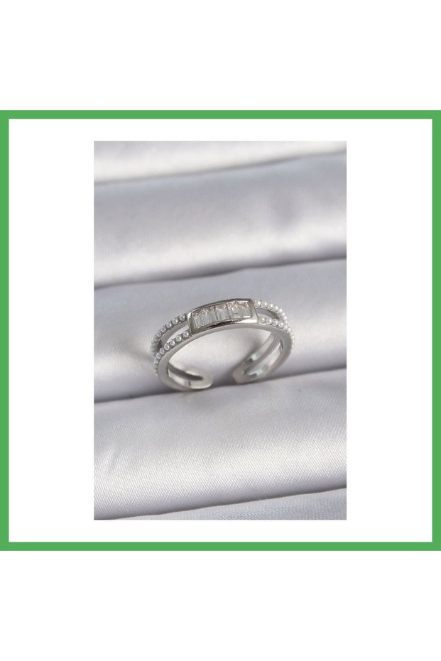 Brass Silver Color Adjustable Row Pearl and Zircon Stone Women's Ring Bezoss