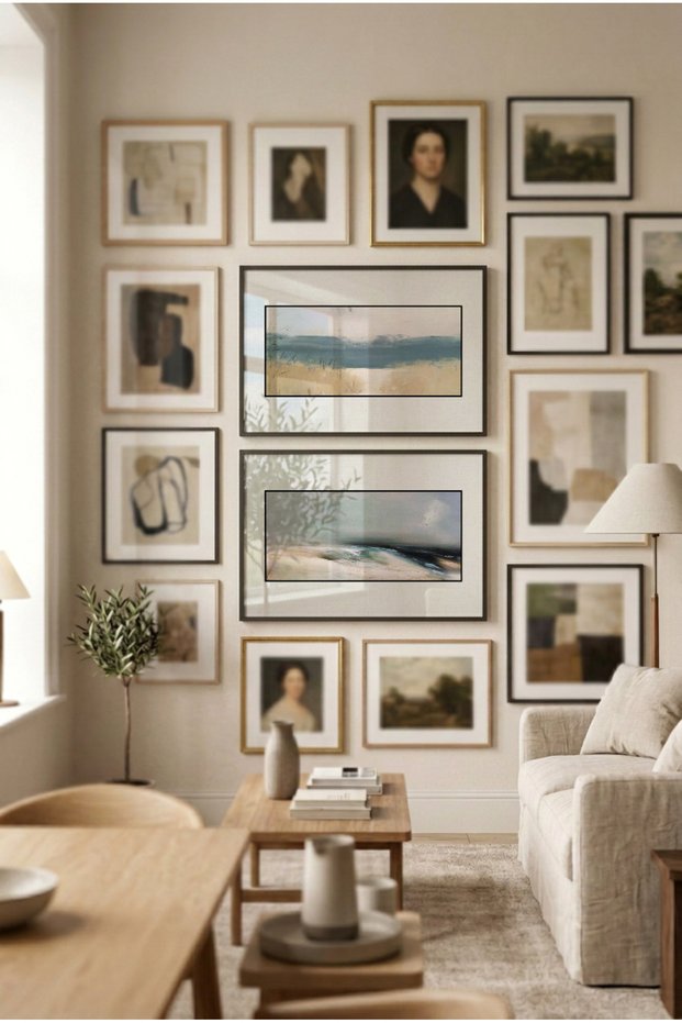 2 Pieces of Black Wooden Framed Horizontal Wooden Painting with Abstract Sea and Coastline Views with Pvc Panels - Home, Business and Office Decoration Painting