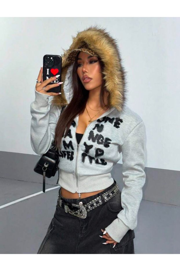 Fur Detail Military Trend Streetwear Zippered Cardigan/ Streetwear Y2K