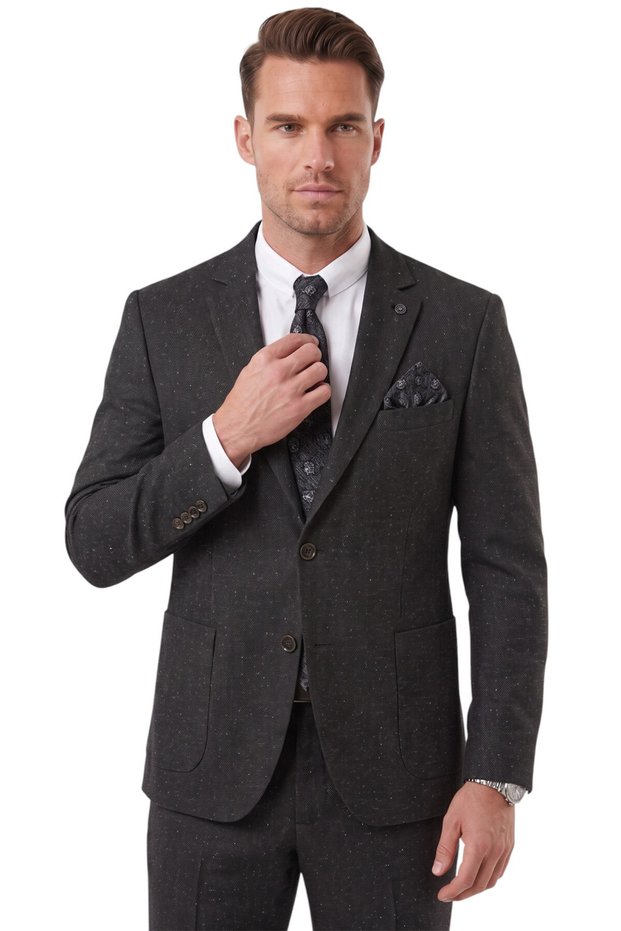 Men's Slim Fit Herringbone Gray Black Winter Suit - Double Button Sport Stylish 2703329