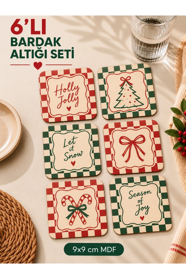 Set of 6 New Year's Themed Mdf Coasters 9X9 cm Decorative Coasters