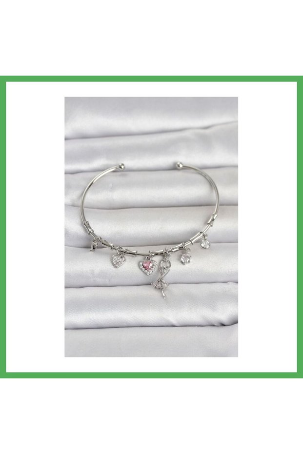 Brass Silver Color Ballerina Detail Charm Women's Bracelet Bezoss