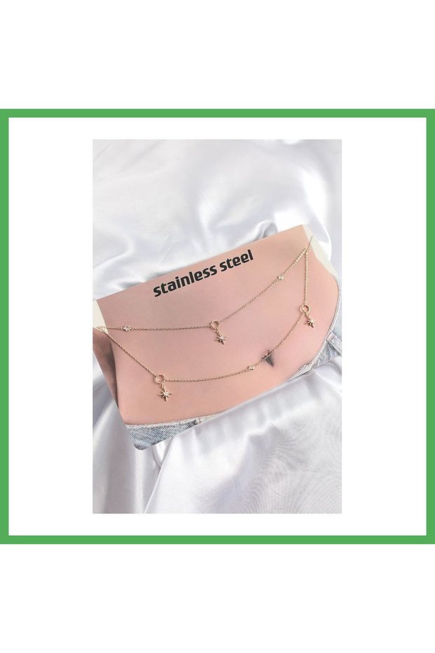 316L Steel Zircon Stone Pole Star Model Gold Color Belly Chain Bezoss