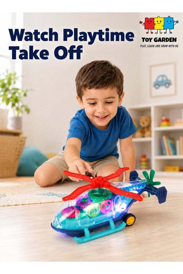 Light Up Transparent Airplane & Helicopter Toy - Moving Gears, Music & LED Effects | Fun