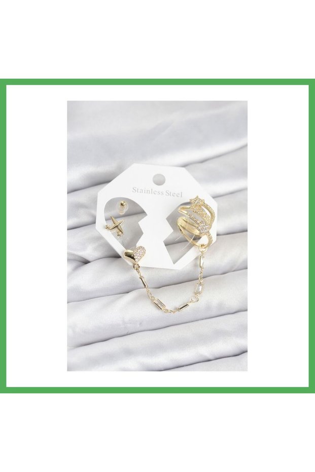 Star Model Brass Gold Color Chain Linked Ear Cuff Earring Set Bezoss