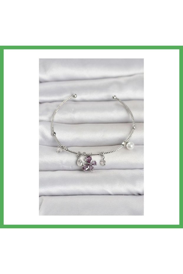 Brass Silver Color Purple Butterfly Detailed Charm Women's Bracelet Bezoss