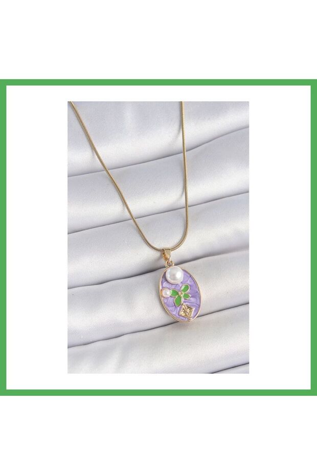 316L Steel Gold Color Chain with Purple Enamel Oval Pearl Flower Embroidered Portrait Mode Bezoss