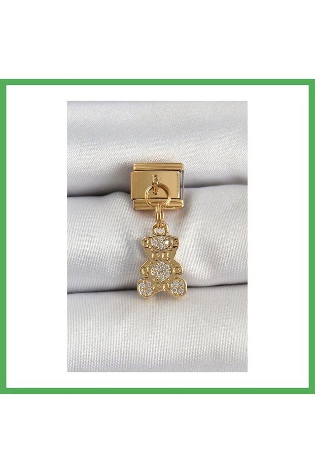 316L Steel Dangle Zircon Stone Teddy Bear Model Gold Color Nomination Charm Bezoss