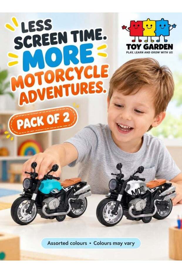 Pull Back Motorcycle Toy – Pack of 2 Assorted Colors with Lights & Sound | Realistic