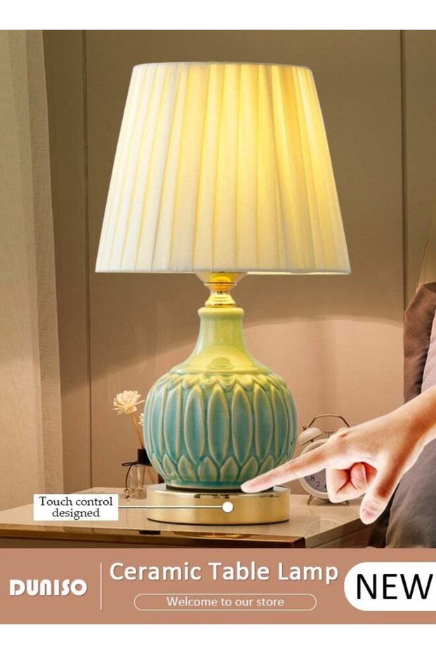 DUNISO Ceramic Table Lamp,Small Bedside Lamp with Linen Shade, Bamboo Leaf Textured Ceramic