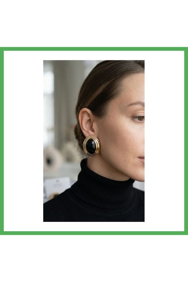 Brass Black Almond Model Vintage Gold Women's Earrings Bezoss