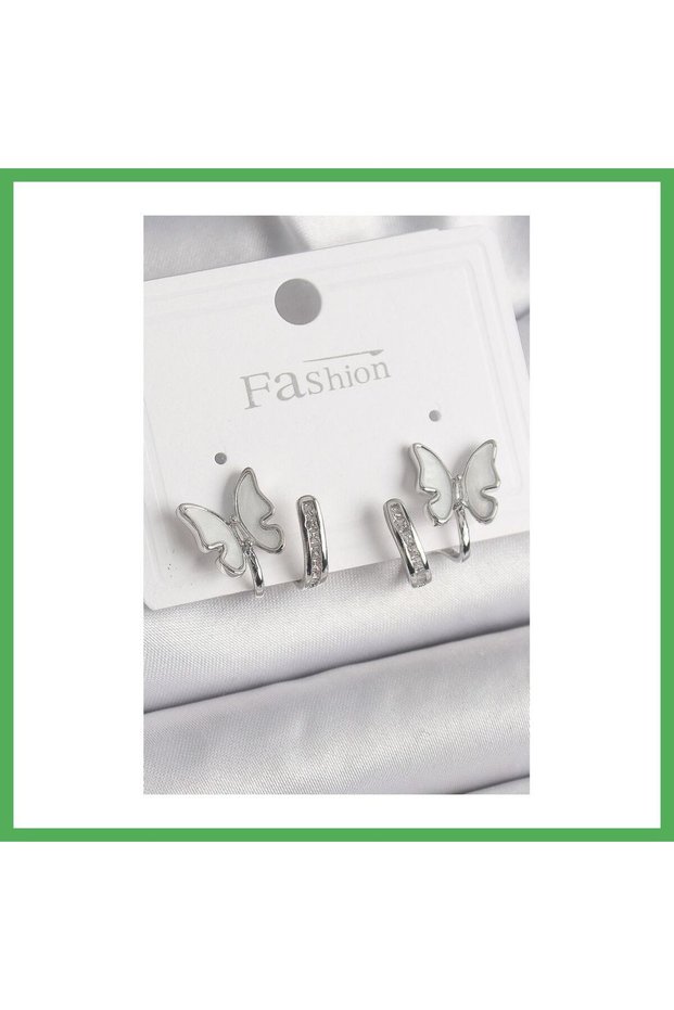 Brass Silver Color Zircon Stone Detailed White Pearlescent Butterfly Model Women's Earrings Bezoss