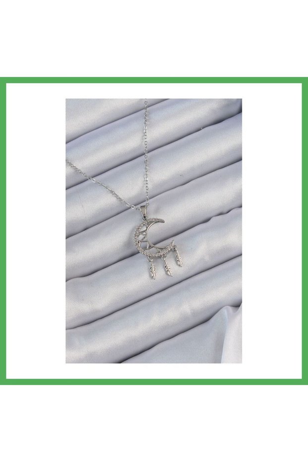 316L Steel Chain Silver Color Embossed Zircon Stone Moon Necklace Bezoss