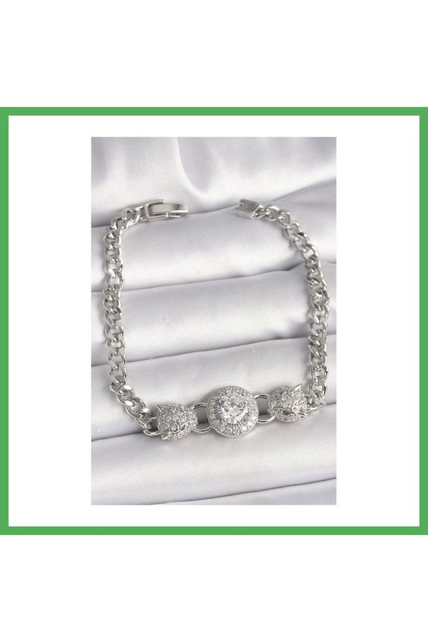 Brass Silver Color Zircon Stone Leopard Figure Chain Model Women's Bracelet Bezoss