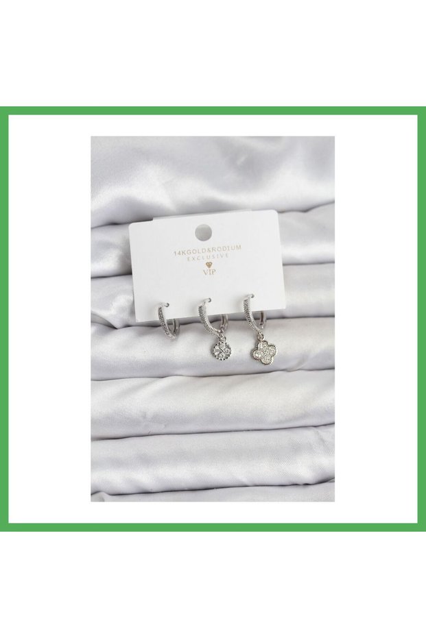 Brass Silver Color Clover Model 3-Piece Women's Earring Set Bezoss