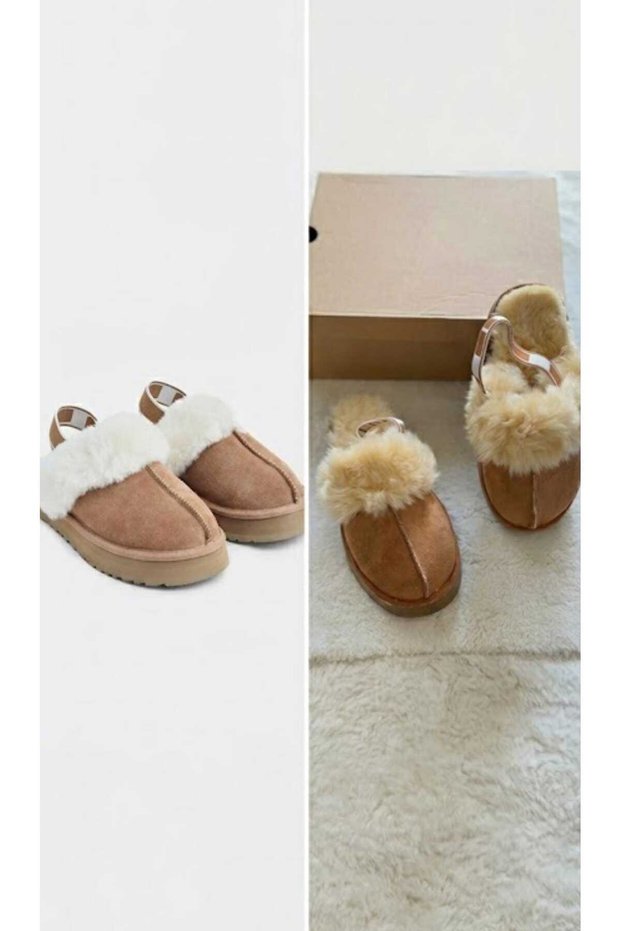Women's Brown Plush Slippers with Rubber Bands