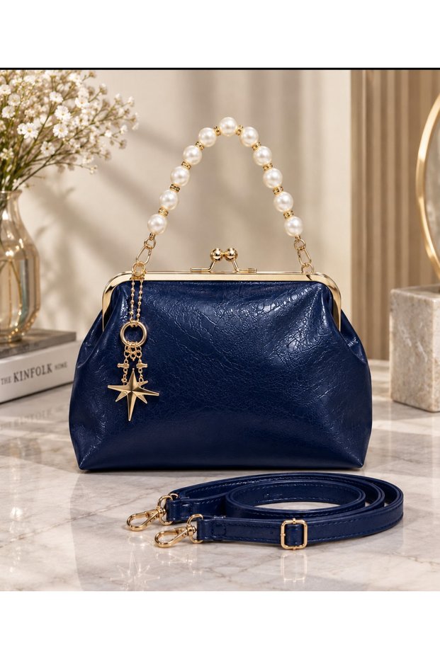 Women's Pearl Handle Shoulder and Hand Bag – Stylish Everyday Bag with Gold Clip, Star Accessories, Adjustable Strap, and Lining
