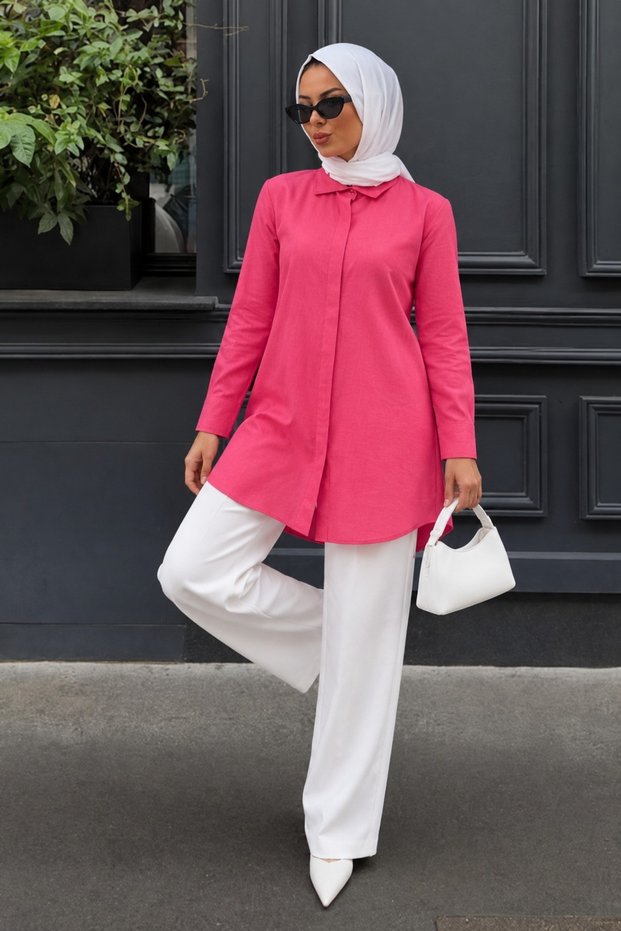 Women's Oversize Long Sleeve Basic Fuchsia Shirt