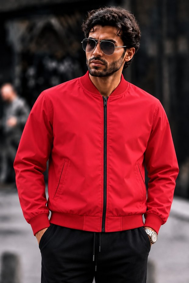 Men's Seasonal Zippered Casual Red Raincoat